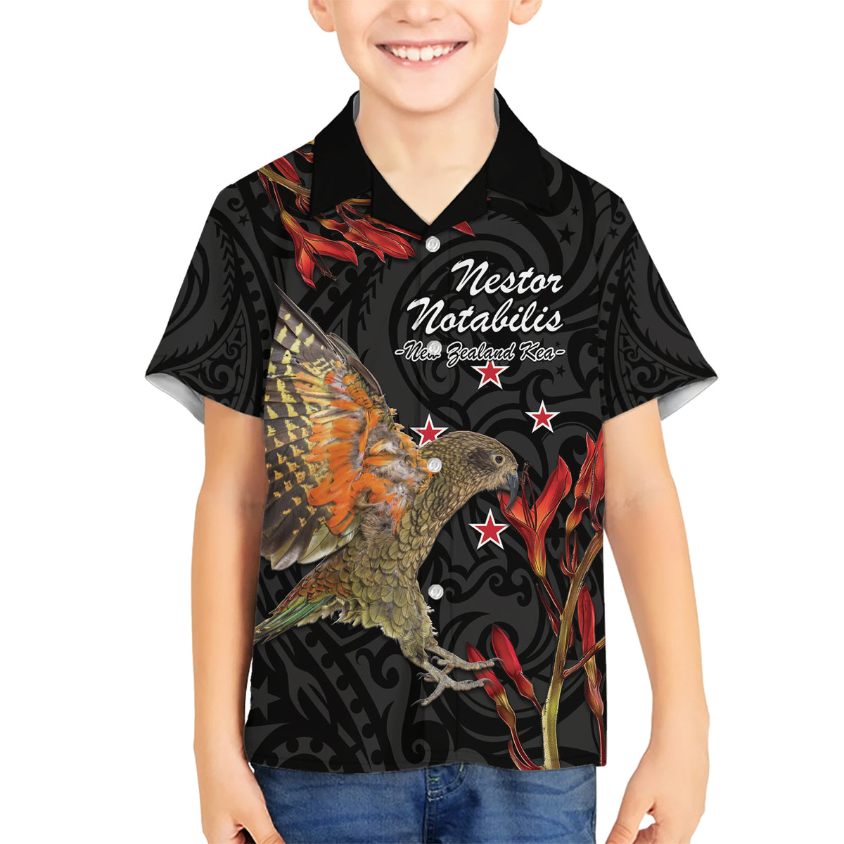 Personalised New Zealand Kea Kid Hawaiian Shirt Nestor Notabilis With Harakeke Maori Pattern LT14 Kid Black - Polynesian Pride
