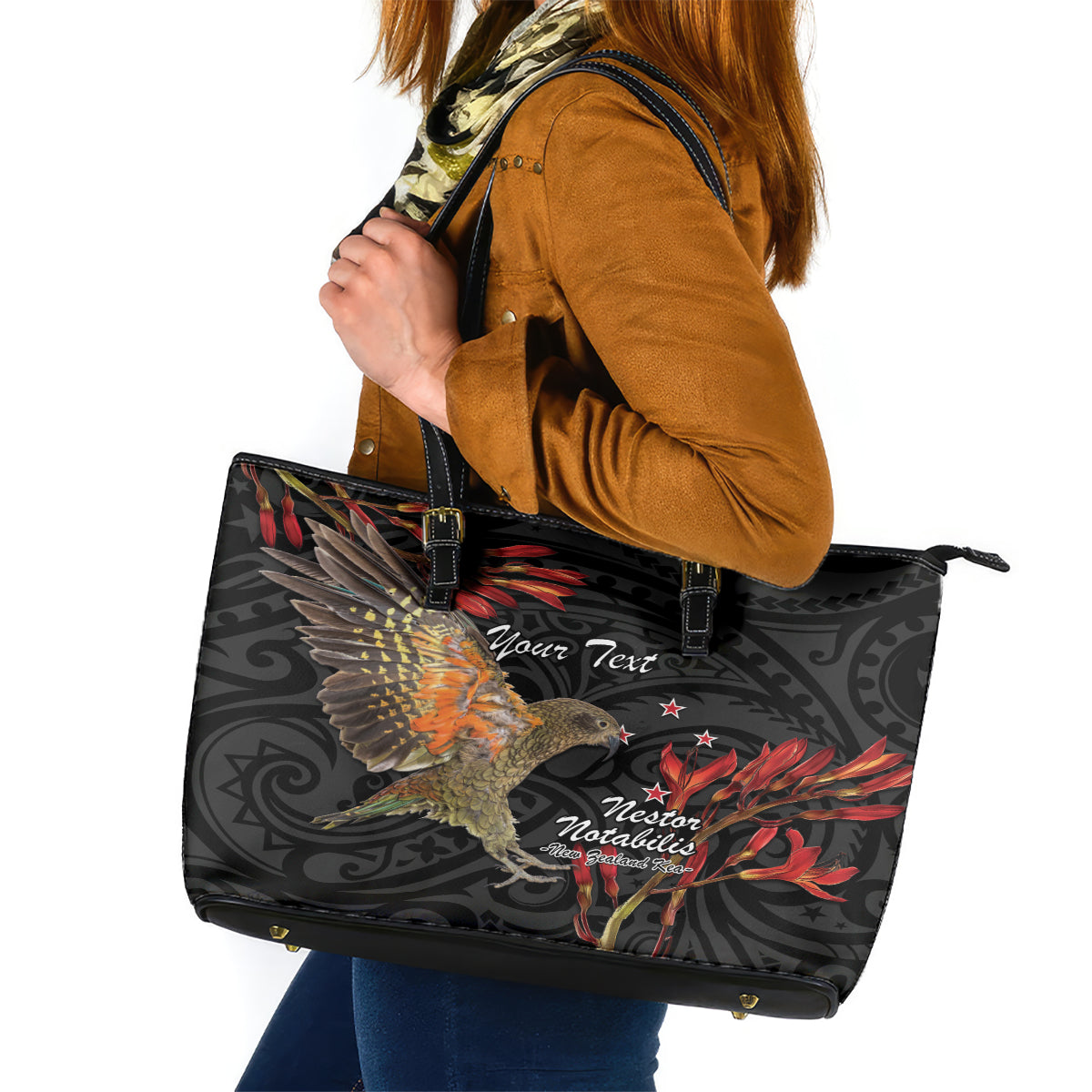 Personalised New Zealand Kea Leather Tote Bag Nestor Notabilis With Harakeke Maori Pattern LT14 Black - Polynesian Pride
