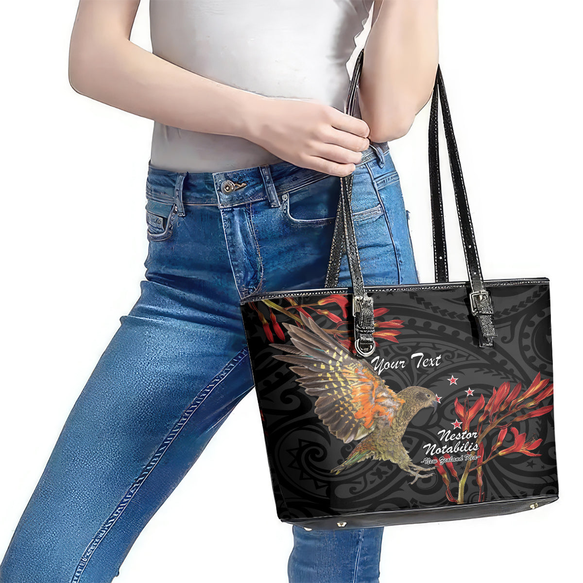 Personalised New Zealand Kea Leather Tote Bag Nestor Notabilis With Harakeke Maori Pattern LT14 - Polynesian Pride