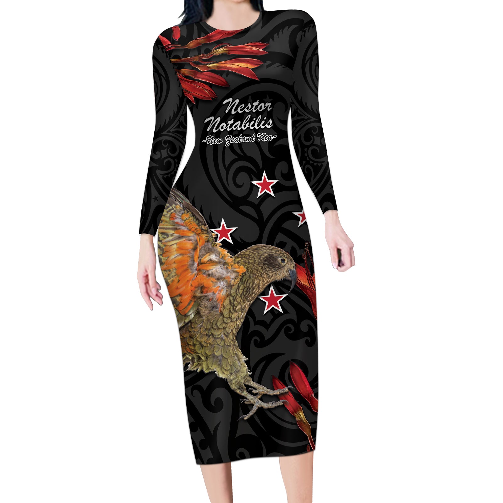 Personalised New Zealand Kea Long Sleeve Bodycon Dress Nestor Notabilis With Harakeke Maori Pattern