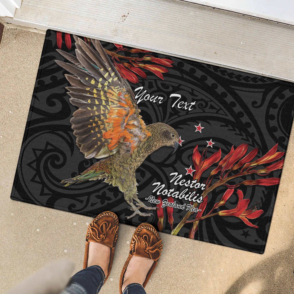 Personalised New Zealand Kea Rubber Doormat Nestor Notabilis With Harakeke Maori Pattern LT14 - Polynesian Pride