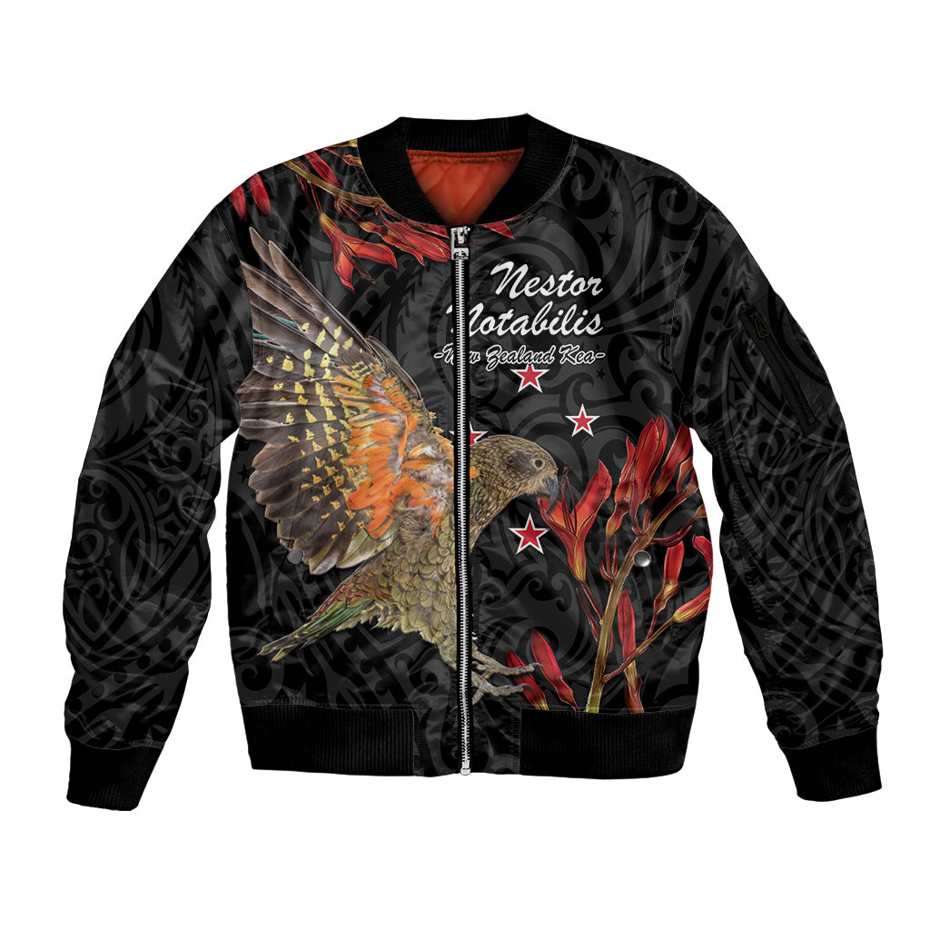 Personalised New Zealand Kea Sleeve Zip Bomber Jacket Nestor Notabilis With Harakeke Maori Pattern LT14 Unisex Black - Polynesian Pride