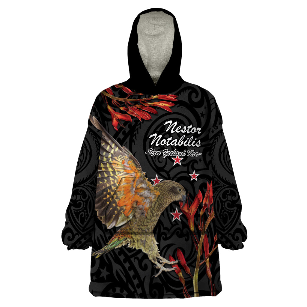 Personalised New Zealand Kea Wearable Blanket Hoodie Nestor Notabilis With Harakeke Maori Pattern LT14 One Size Black - Polynesian Pride