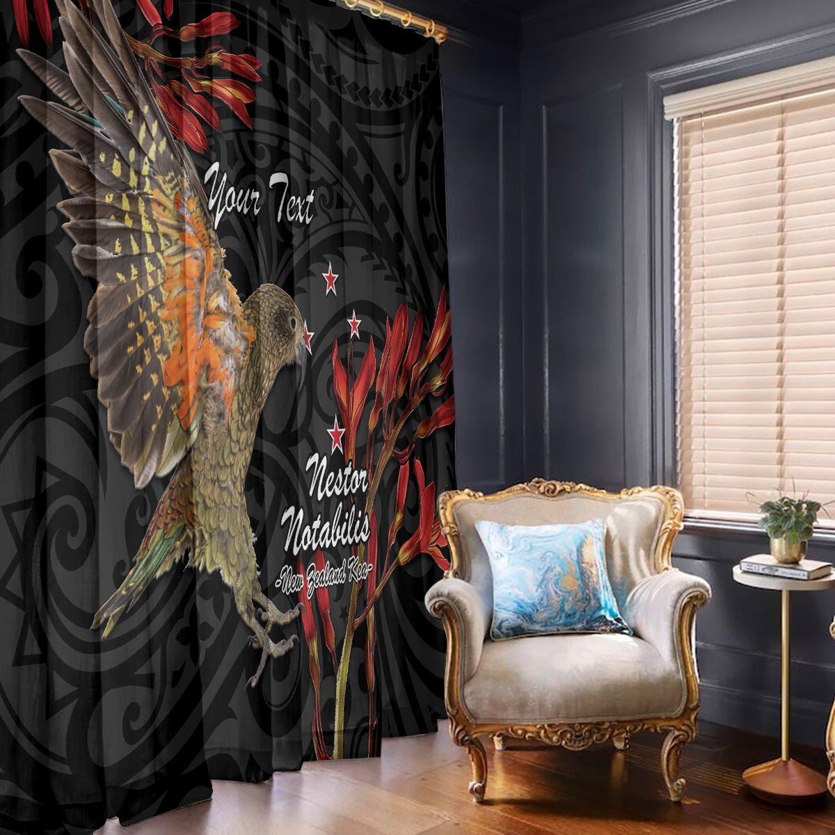 Personalised New Zealand Kea Window Curtain Nestor Notabilis With Harakeke Maori Pattern LT14 - Polynesian Pride