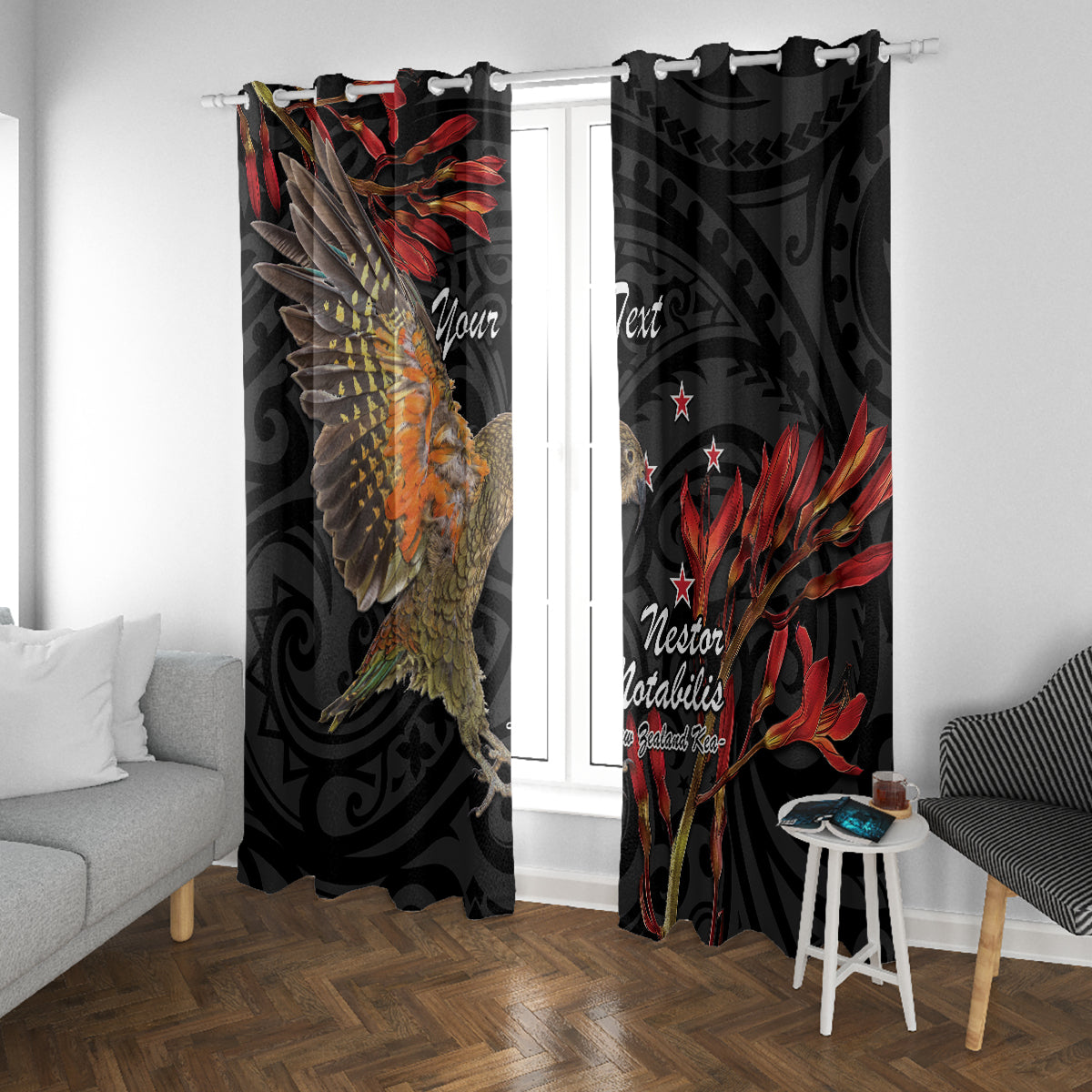 Personalised New Zealand Kea Window Curtain Nestor Notabilis With Harakeke Maori Pattern LT14 With Grommets Black - Polynesian Pride