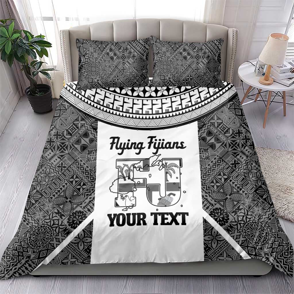 Custom Fiji Tapa Rugby Bedding Set Flying Fijian Black And White Version
