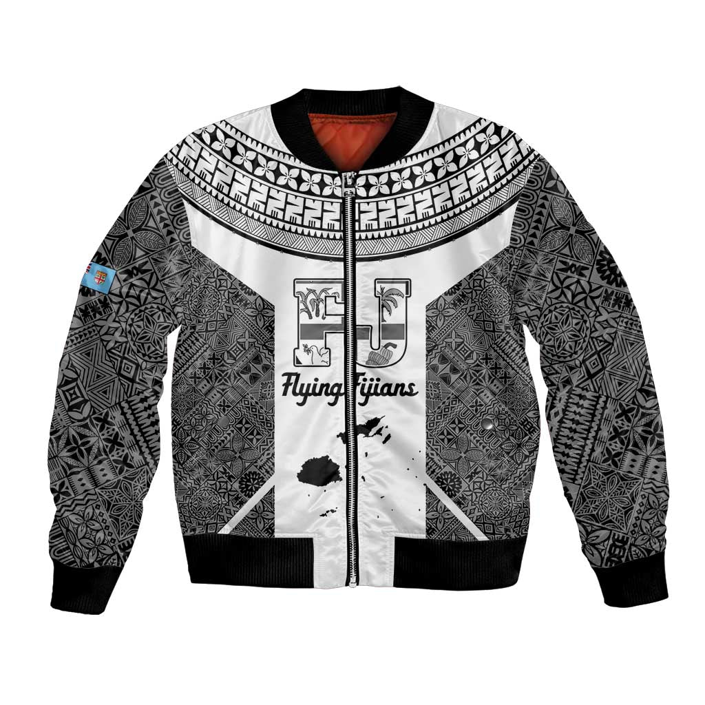 Custom Fiji Tapa Rugby Bomber Jacket Flying Fijian Black And White Version