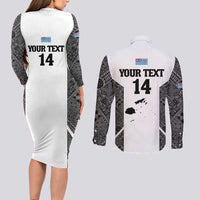 Custom Fiji Tapa Rugby Couples Matching Long Sleeve Bodycon Dress and Long Sleeve Button Shirt Flying Fijian Black And White Version