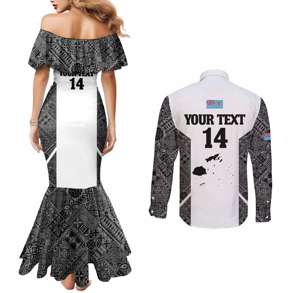 Custom Fiji Tapa Rugby Couples Matching Mermaid Dress and Long Sleeve Button Shirt Flying Fijian Black And White Version