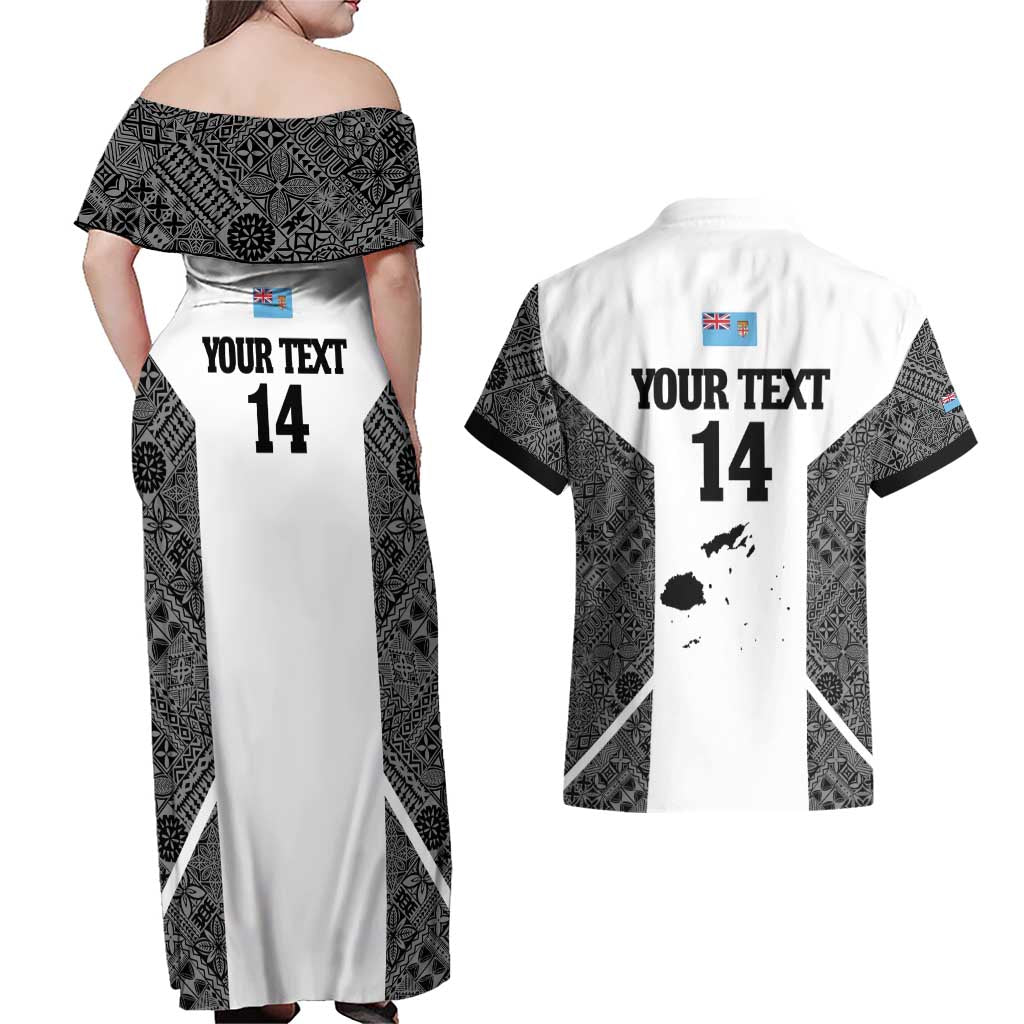 Custom Fiji Tapa Rugby Couples Matching Off Shoulder Maxi Dress and Hawaiian Shirt Flying Fijian Black And White Version