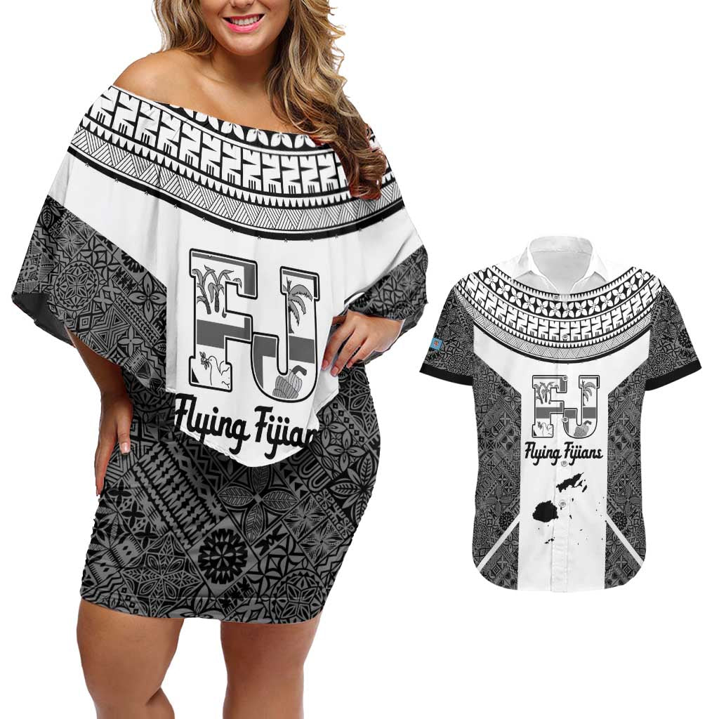 Custom Fiji Tapa Rugby Couples Matching Off Shoulder Short Dress and Hawaiian Shirt Flying Fijian Black And White Version