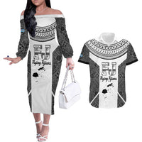 Custom Fiji Tapa Rugby Couples Matching Off The Shoulder Long Sleeve Dress and Hawaiian Shirt Flying Fijian Black And White Version