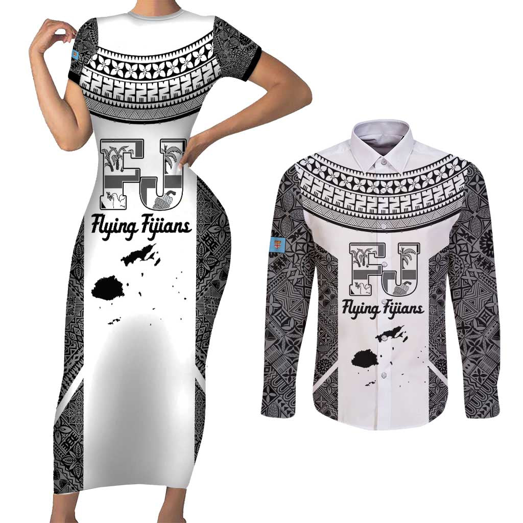 Custom Fiji Tapa Rugby Couples Matching Short Sleeve Bodycon Dress and Long Sleeve Button Shirt Flying Fijian Black And White Version