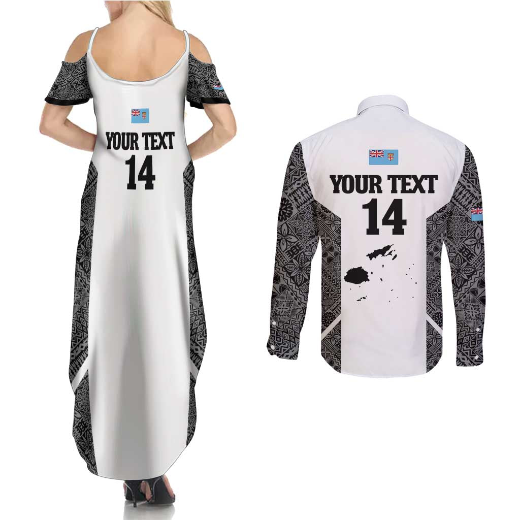 Custom Fiji Tapa Rugby Couples Matching Summer Maxi Dress and Long Sleeve Button Shirt Flying Fijian Black And White Version