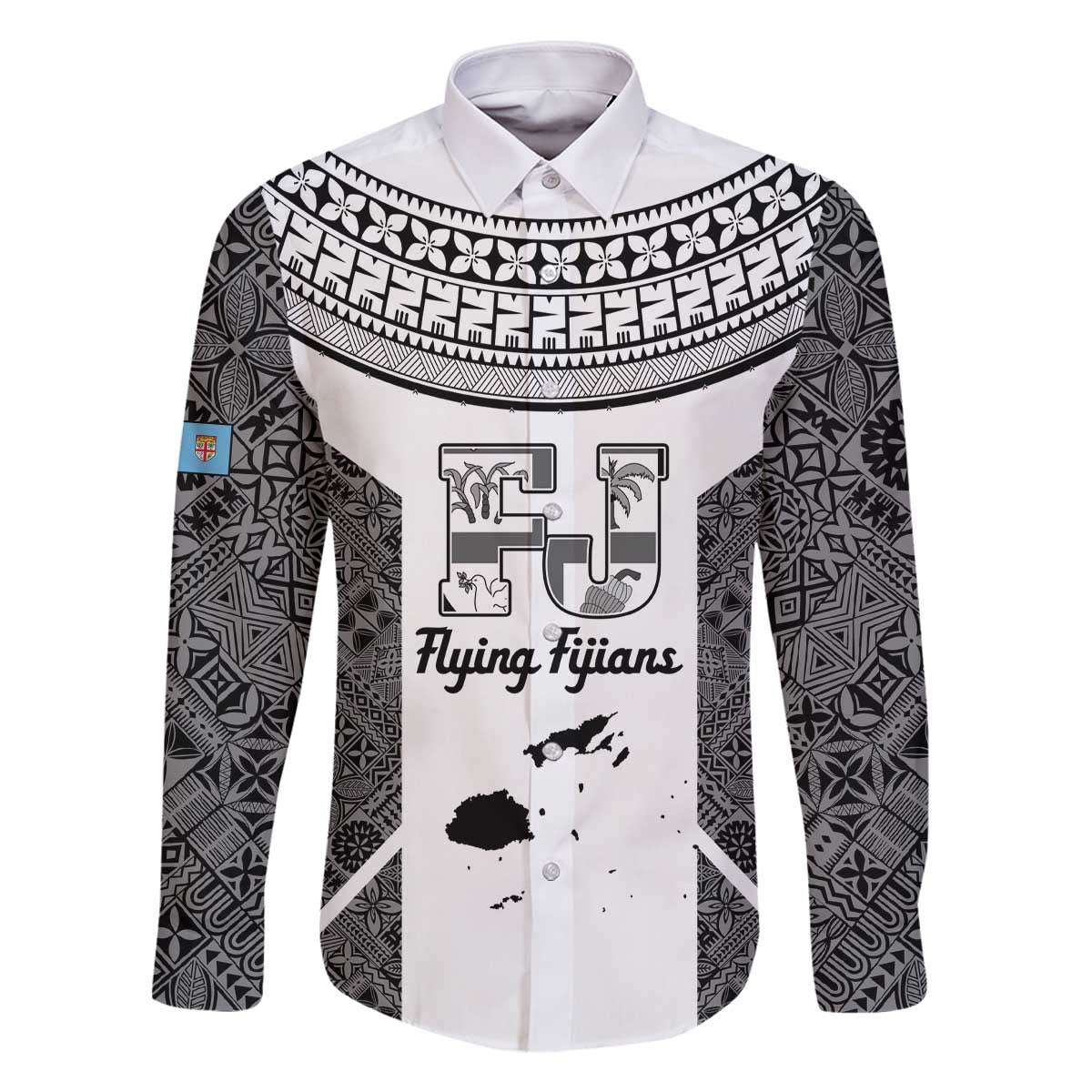 Custom Fiji Tapa Rugby Family Matching Off The Shoulder Long Sleeve Dress and Hawaiian Shirt Flying Fijian Black And White Version