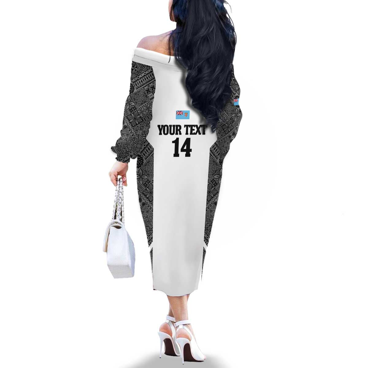 Custom Fiji Tapa Rugby Family Matching Off The Shoulder Long Sleeve Dress and Hawaiian Shirt Flying Fijian Black And White Version