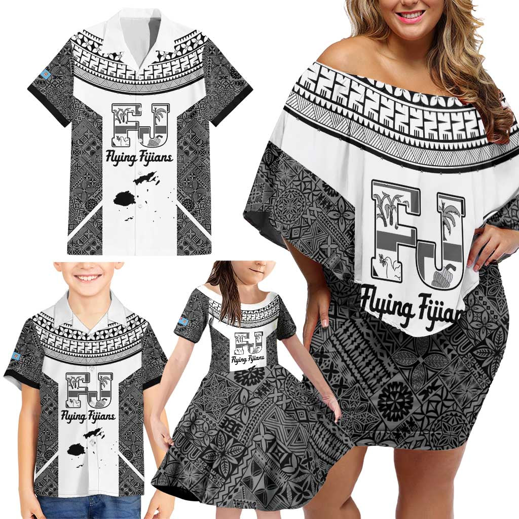 Custom Fiji Tapa Rugby Family Matching Off Shoulder Short Dress and Hawaiian Shirt Flying Fijian Black And White Version
