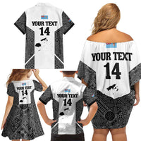 Custom Fiji Tapa Rugby Family Matching Off Shoulder Short Dress and Hawaiian Shirt Flying Fijian Black And White Version