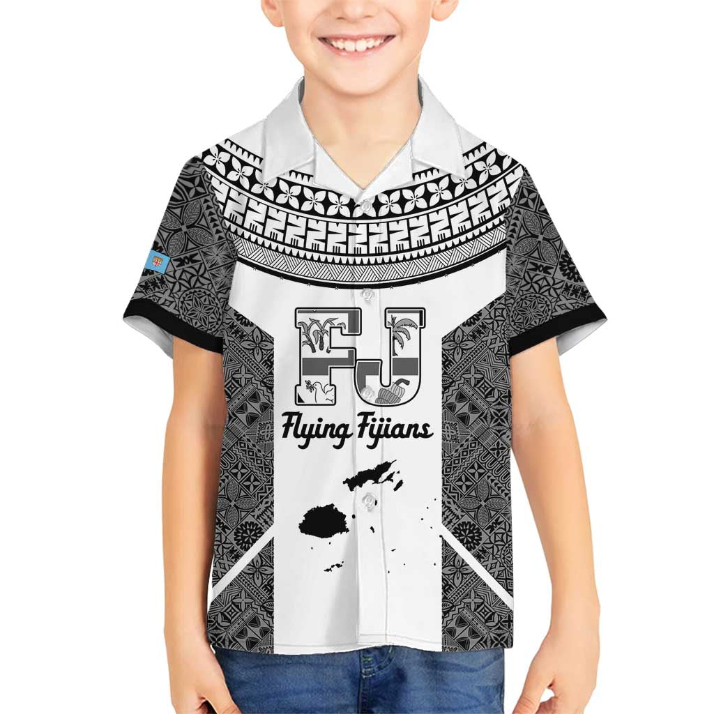 Custom Fiji Tapa Rugby Family Matching Off Shoulder Short Dress and Hawaiian Shirt Flying Fijian Black And White Version