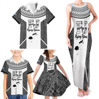 Custom Fiji Tapa Rugby Family Matching Tank Maxi Dress and Hawaiian Shirt Flying Fijian Black And White Version