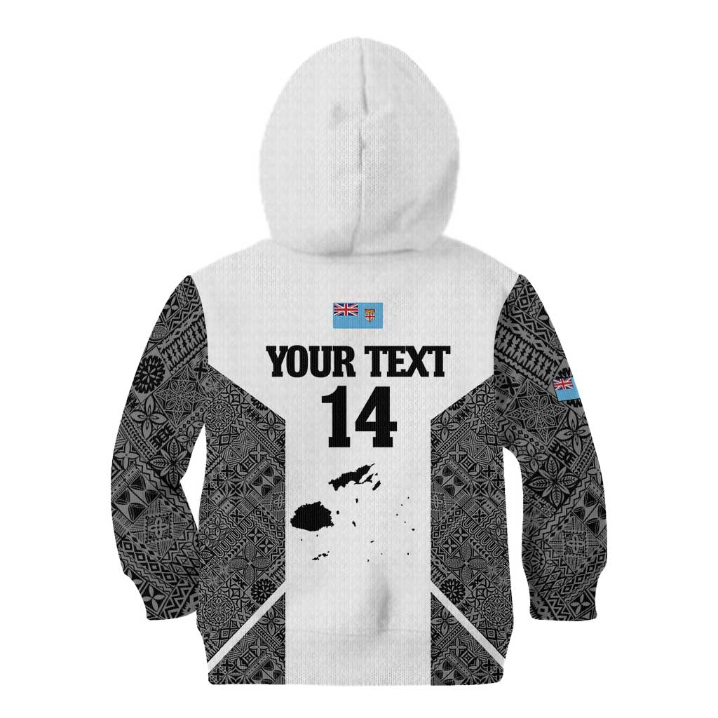 Custom Fiji Tapa Rugby Kid Hoodie Flying Fijian Black And White Version