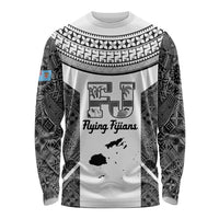 Custom Fiji Tapa Rugby Long Sleeve Shirt Flying Fijian Black And White Version