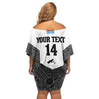 Custom Fiji Tapa Rugby Off Shoulder Short Dress Flying Fijian Black And White Version