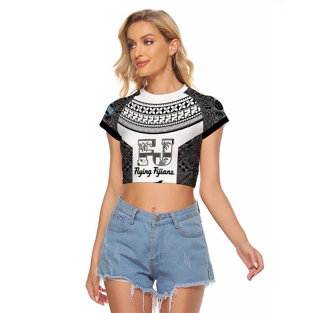 Custom Fiji Tapa Rugby Raglan Cropped T Shirt Flying Fijian Black And White Version