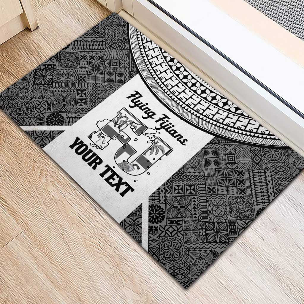 Custom Fiji Tapa Rugby Rubber Doormat Flying Fijian Black And White Version