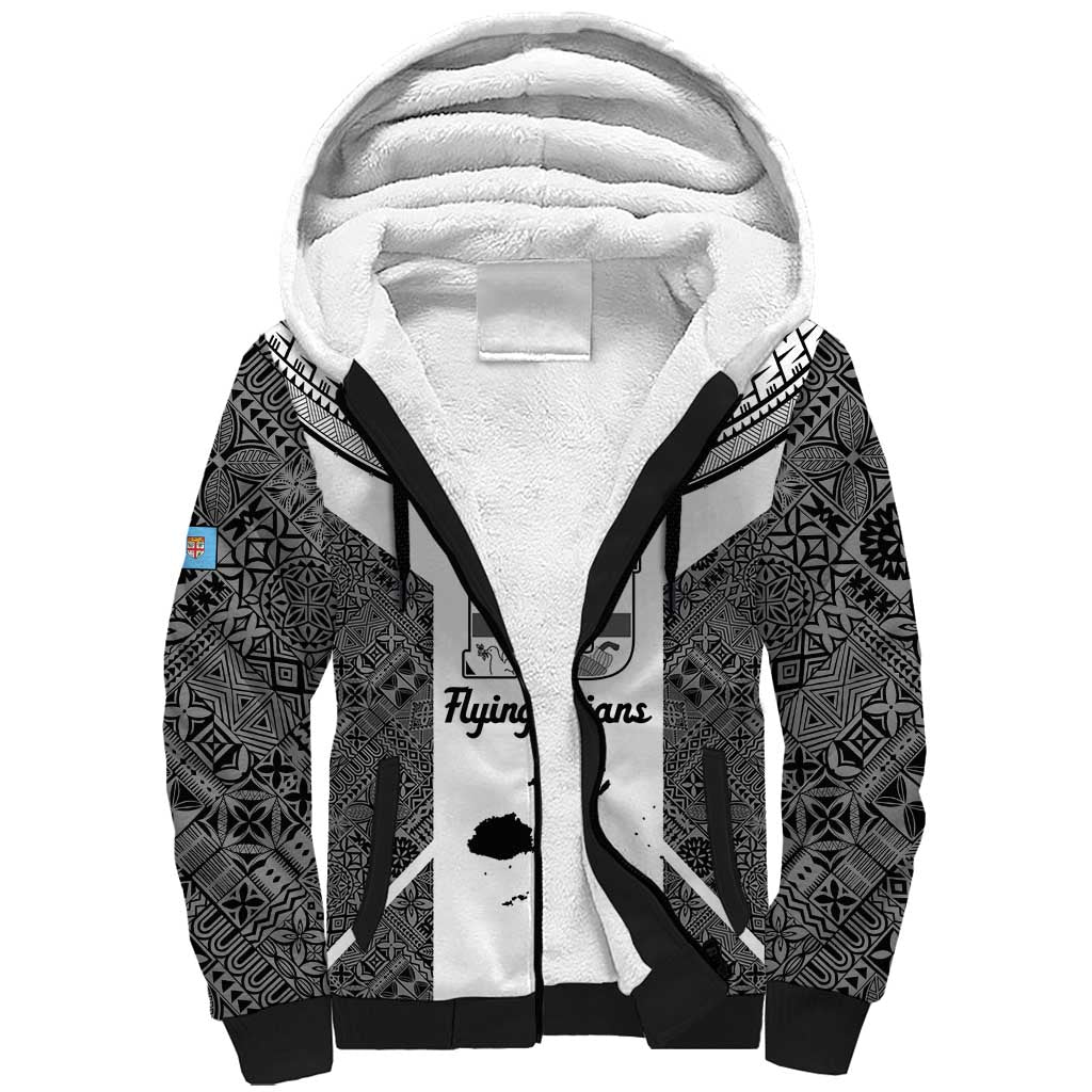 Custom Fiji Tapa Rugby Sherpa Hoodie Flying Fijian Black And White Version