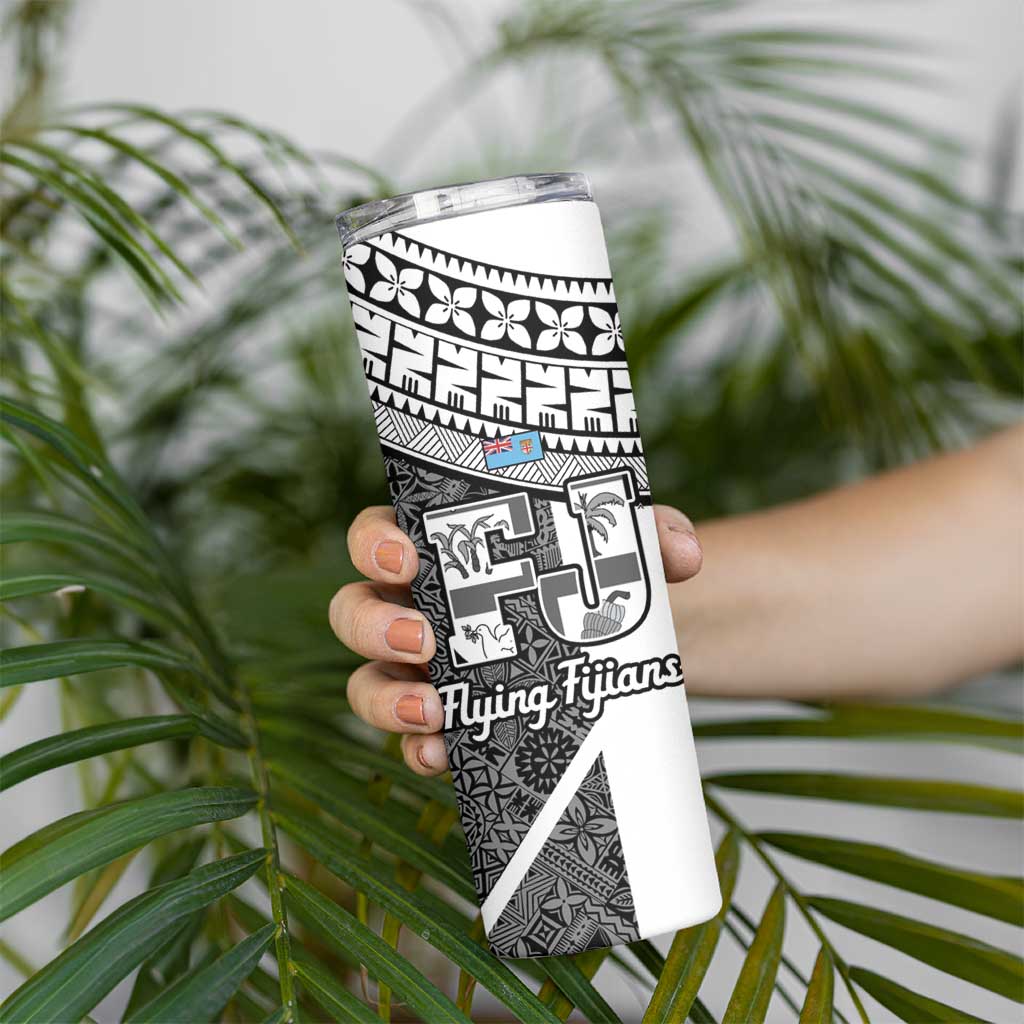 Custom Fiji Tapa Rugby Skinny Tumbler Flying Fijian Black And White Version
