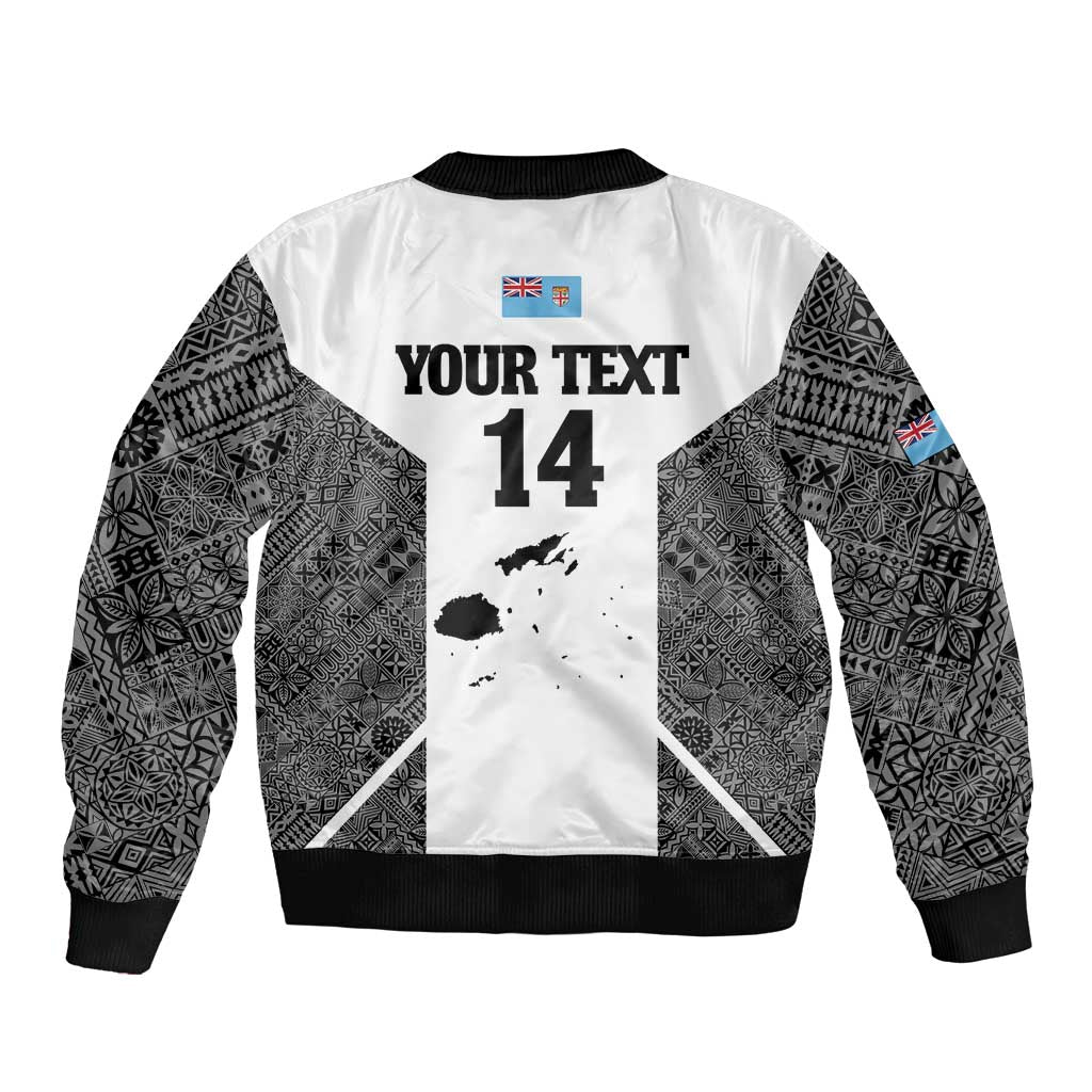 Custom Fiji Tapa Rugby Sleeve Zip Bomber Jacket Flying Fijian Black And White Version