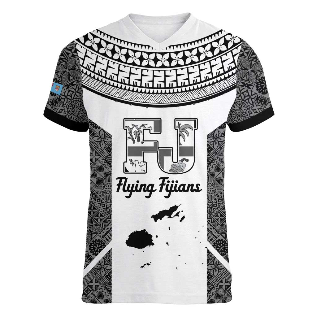 Custom Fiji Tapa Rugby Women V-Neck T-Shirt Flying Fijian Black And White Version