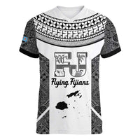 Custom Fiji Tapa Rugby Women V-Neck T-Shirt Flying Fijian Black And White Version