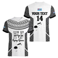Custom Fiji Tapa Rugby Women V-Neck T-Shirt Flying Fijian Black And White Version