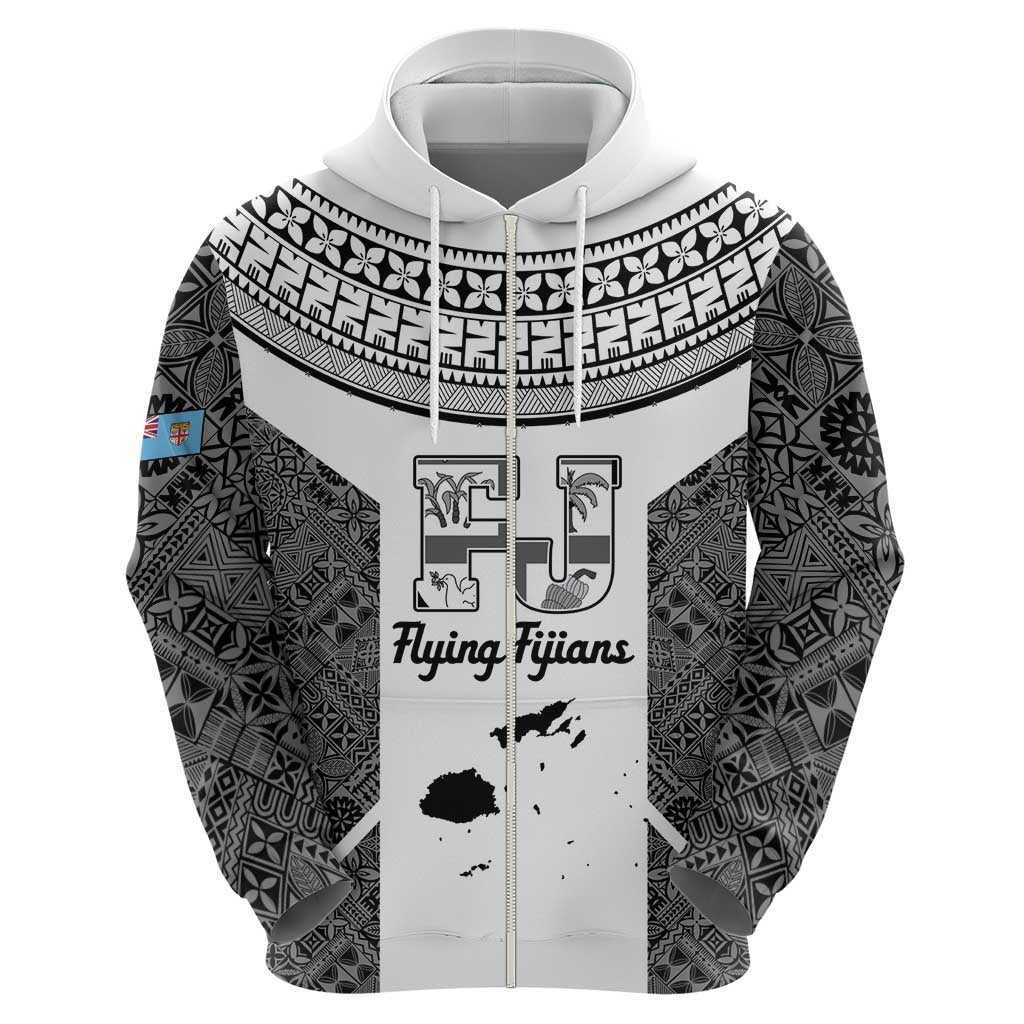 Custom Fiji Tapa Rugby Zip Hoodie Flying Fijian Black And White Version