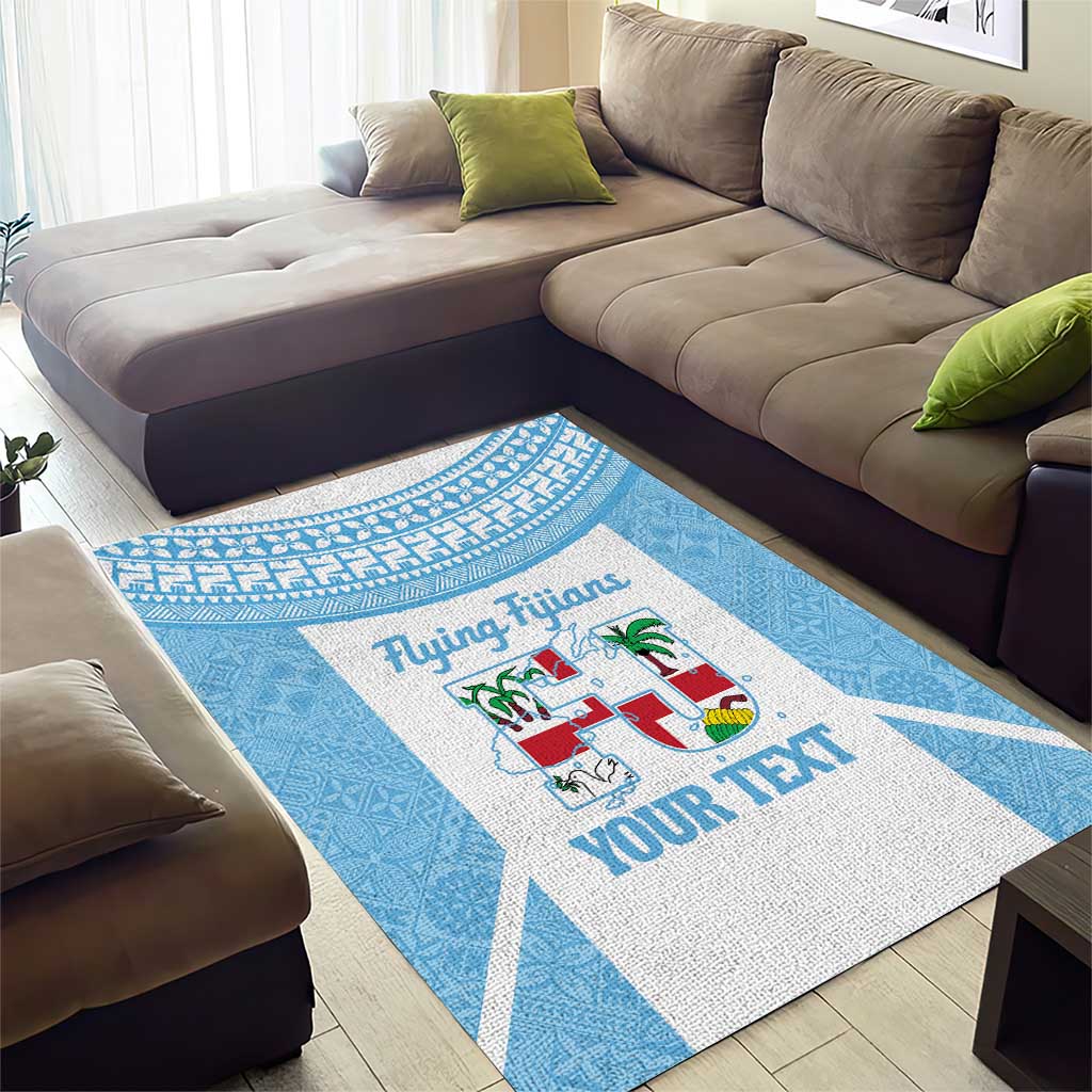 Custom Fiji Tapa Rugby Area Rug Flying Fijian Blue And White Version