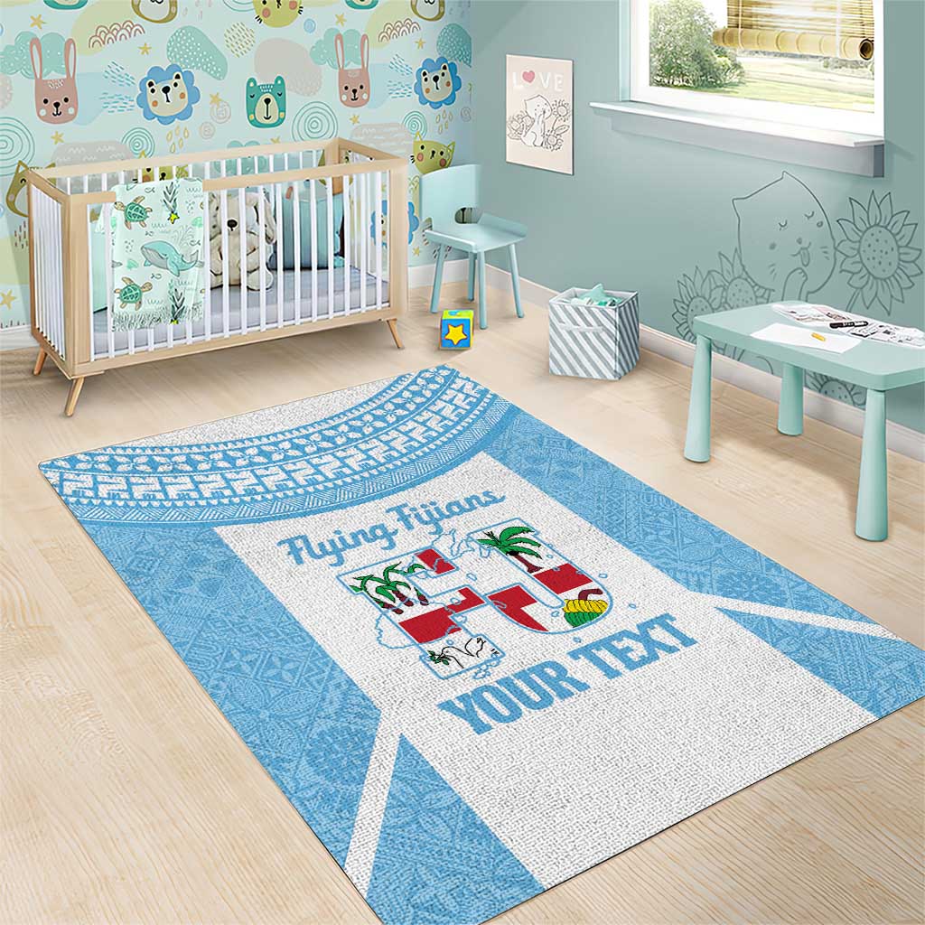 Custom Fiji Tapa Rugby Area Rug Flying Fijian Blue And White Version