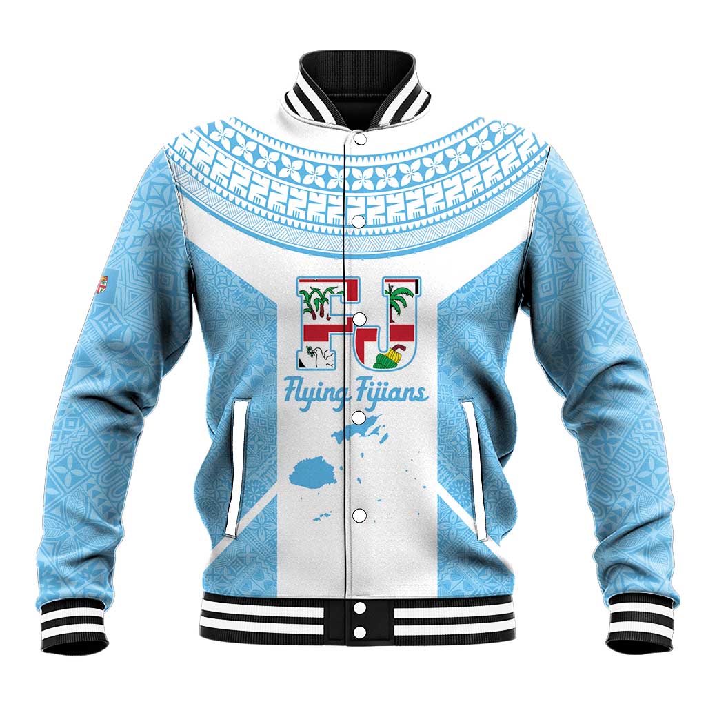 Custom Fiji Tapa Rugby Baseball Jacket Flying Fijian Blue And White Version
