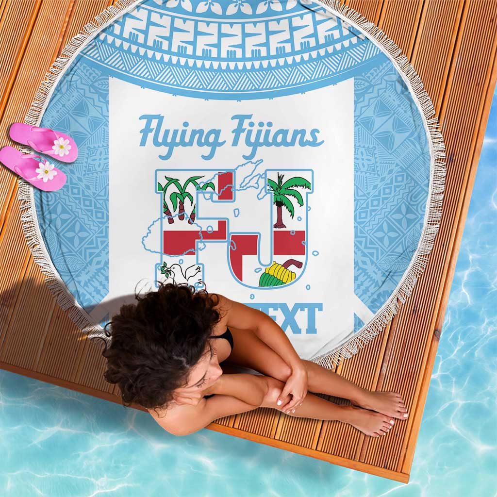 Custom Fiji Tapa Rugby Beach Blanket Flying Fijian Blue And White Version