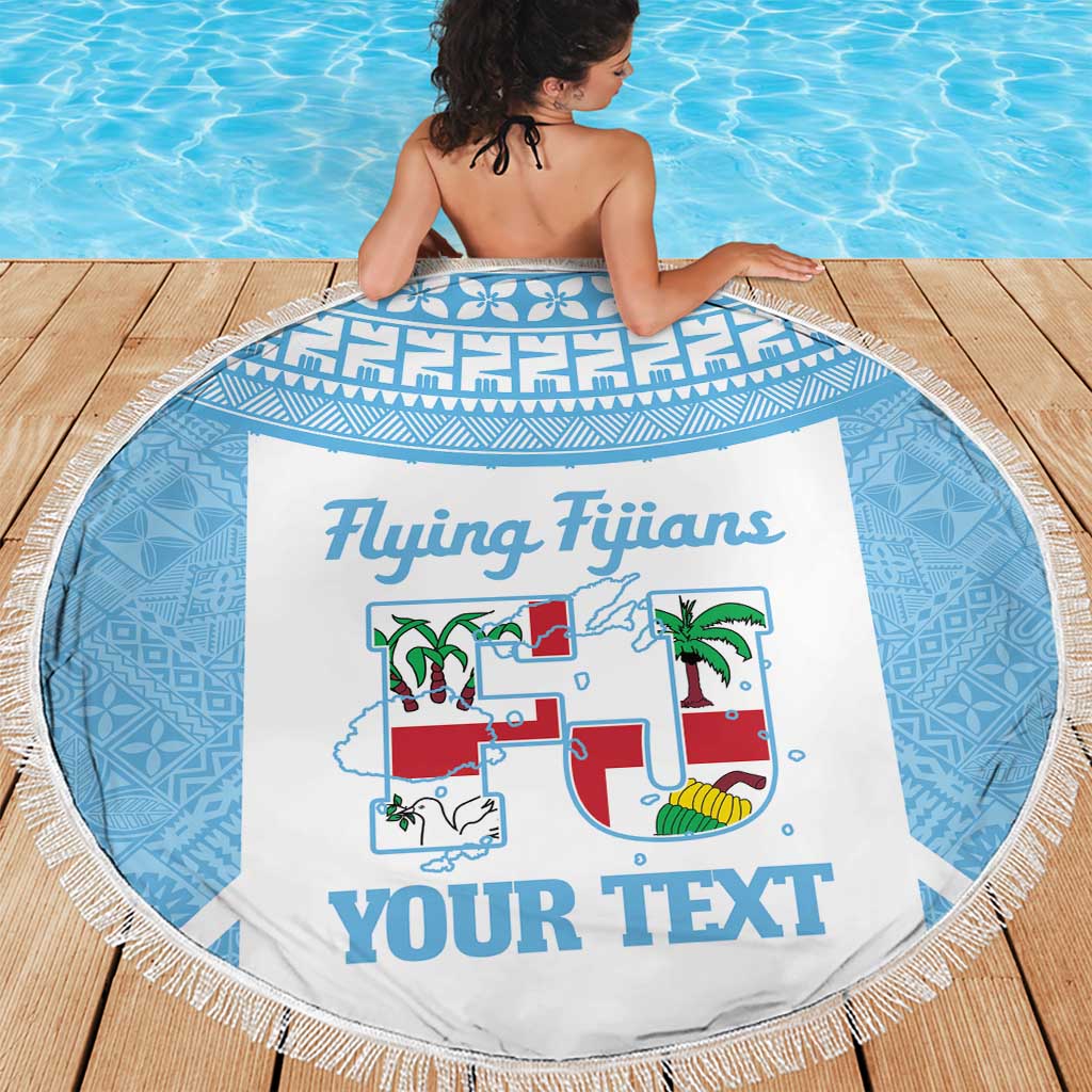 Custom Fiji Tapa Rugby Beach Blanket Flying Fijian Blue And White Version