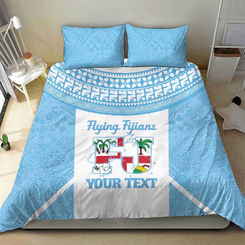 Custom Fiji Tapa Rugby Bedding Set Flying Fijian Blue And White Version