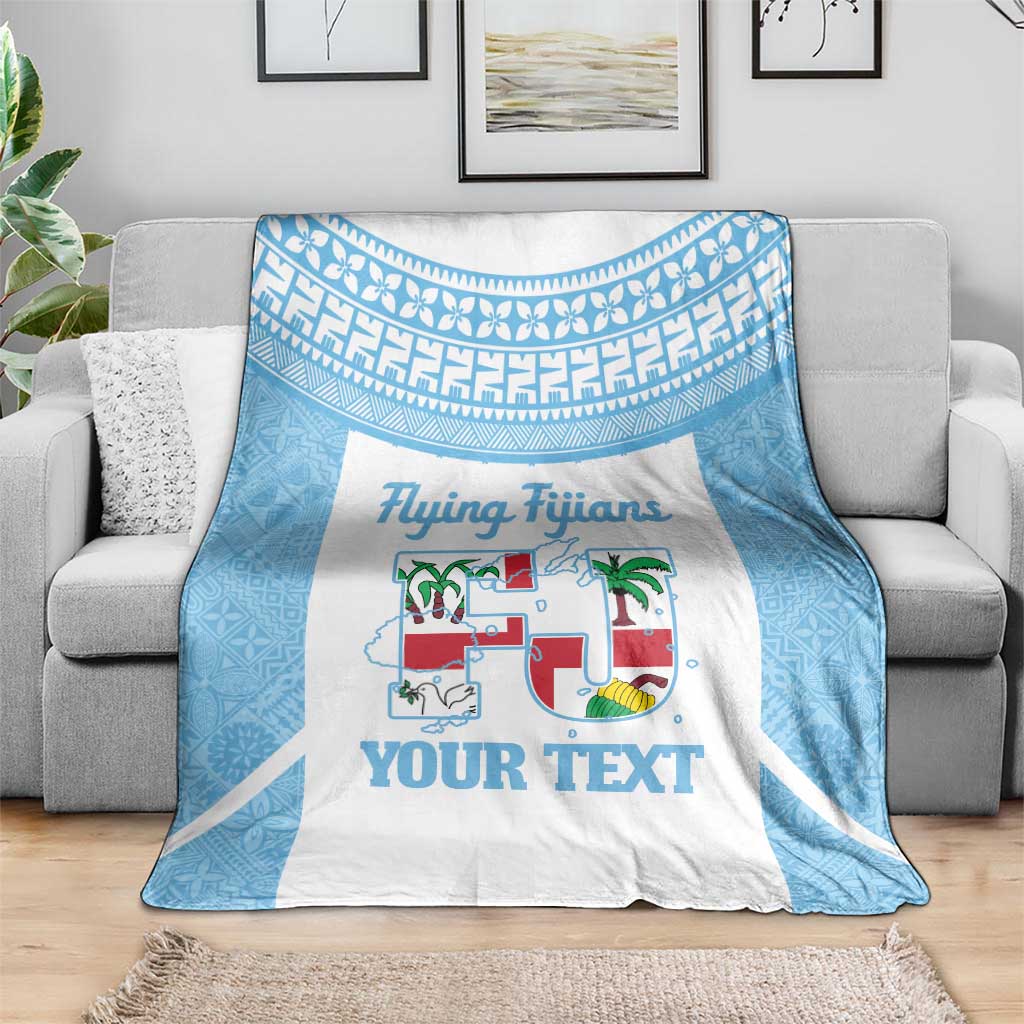 Custom Fiji Tapa Rugby Blanket Flying Fijian Blue And White Version