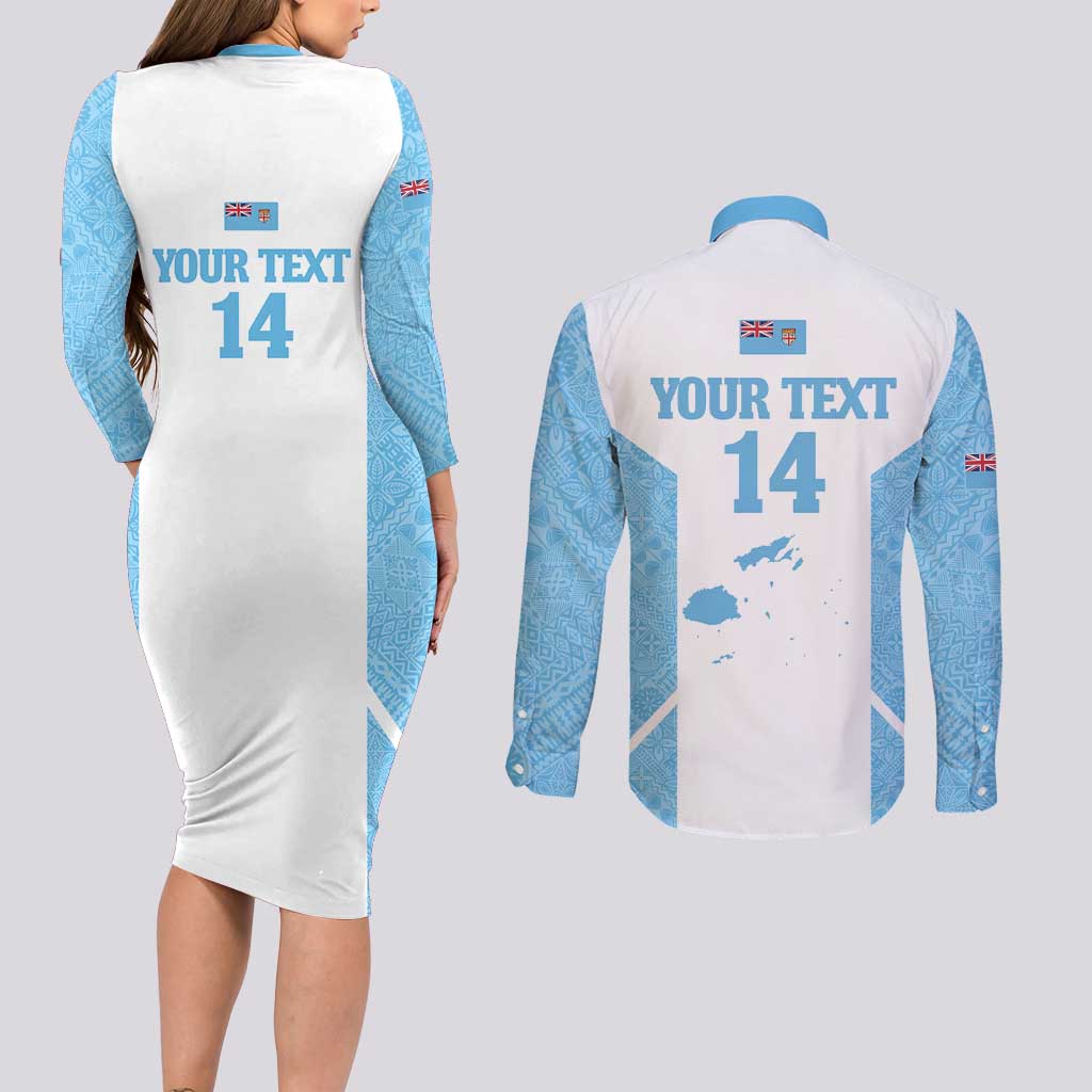 Custom Fiji Tapa Rugby Couples Matching Long Sleeve Bodycon Dress and Long Sleeve Button Shirt Flying Fijian Blue And White Version
