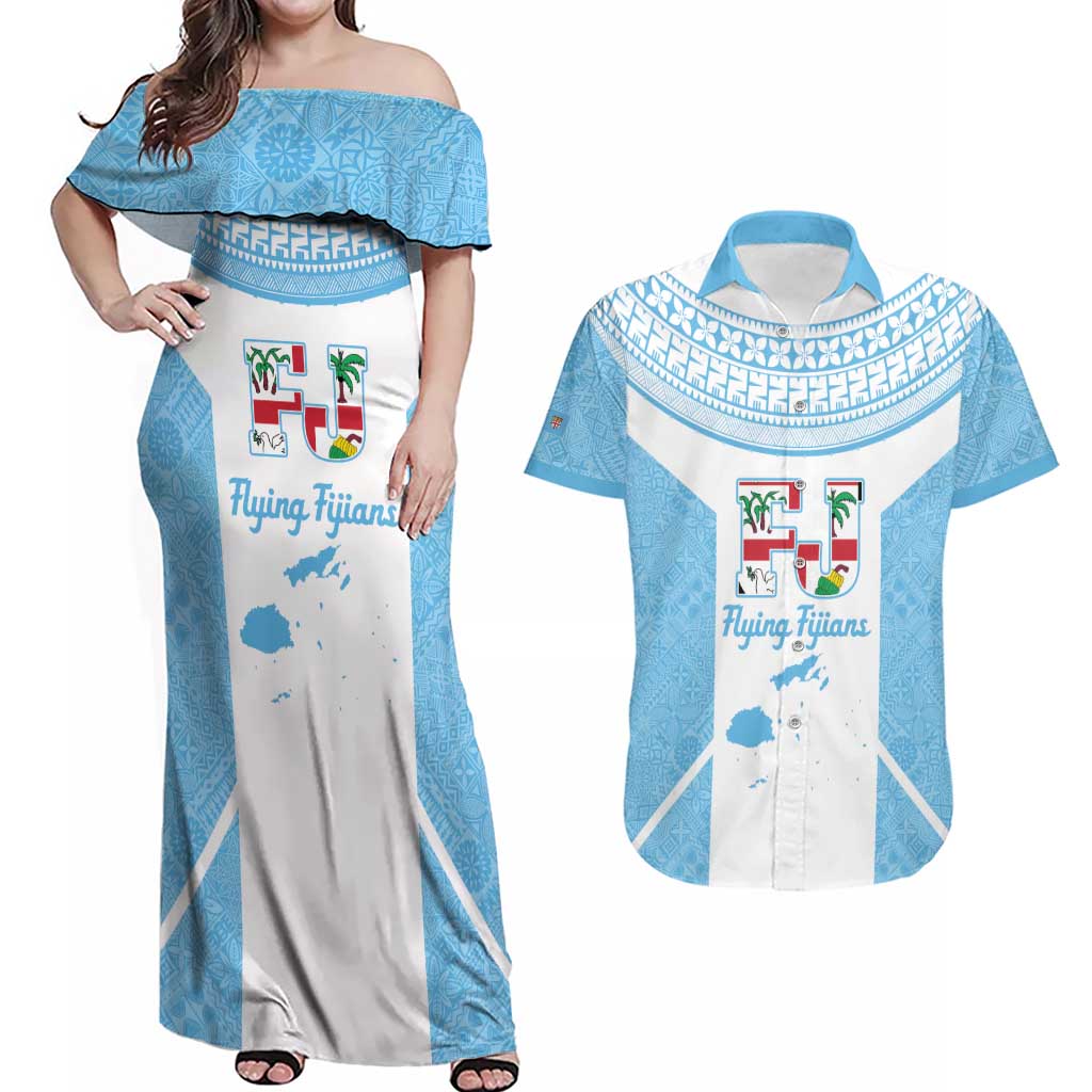 Custom Fiji Tapa Rugby Couples Matching Off Shoulder Maxi Dress and Hawaiian Shirt Flying Fijian Blue And White Version