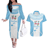 Custom Fiji Tapa Rugby Couples Matching Off The Shoulder Long Sleeve Dress and Hawaiian Shirt Flying Fijian Blue And White Version