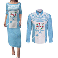 Custom Fiji Tapa Rugby Couples Matching Puletasi and Long Sleeve Button Shirt Flying Fijian Blue And White Version