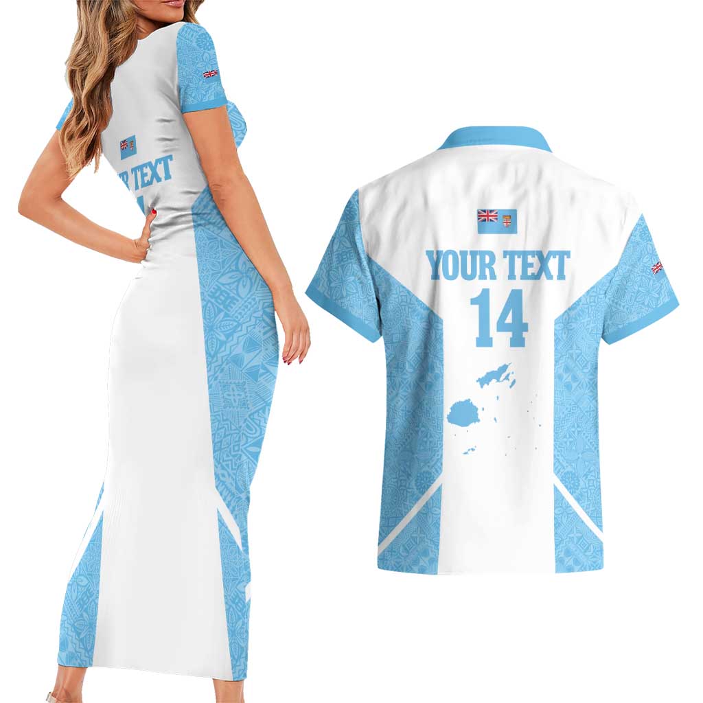 Custom Fiji Tapa Rugby Couples Matching Short Sleeve Bodycon Dress and Hawaiian Shirt Flying Fijian Blue And White Version