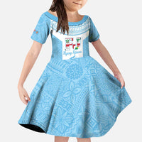 Custom Fiji Tapa Rugby Family Matching Off The Shoulder Long Sleeve Dress and Hawaiian Shirt Flying Fijian Blue And White Version