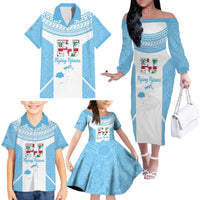 Custom Fiji Tapa Rugby Family Matching Off The Shoulder Long Sleeve Dress and Hawaiian Shirt Flying Fijian Blue And White Version